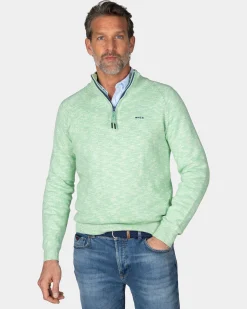 Light green cotton sweater with half zipper