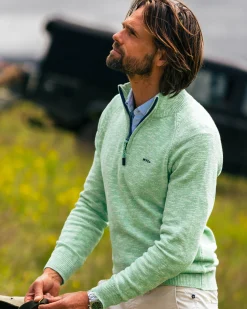 Light green cotton sweater with half zipper