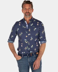 Linen cotton shirt with flower print - Key Navy