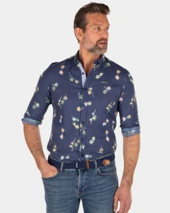 Linen cotton shirt with flower print - Key Navy