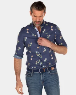 Linen cotton shirt with flower print - Key Navy