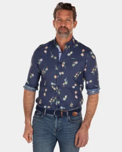 Linen cotton shirt with flower print - Key Navy