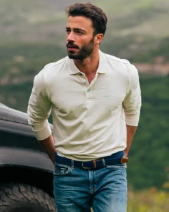 Long sleeve cotton beige polo