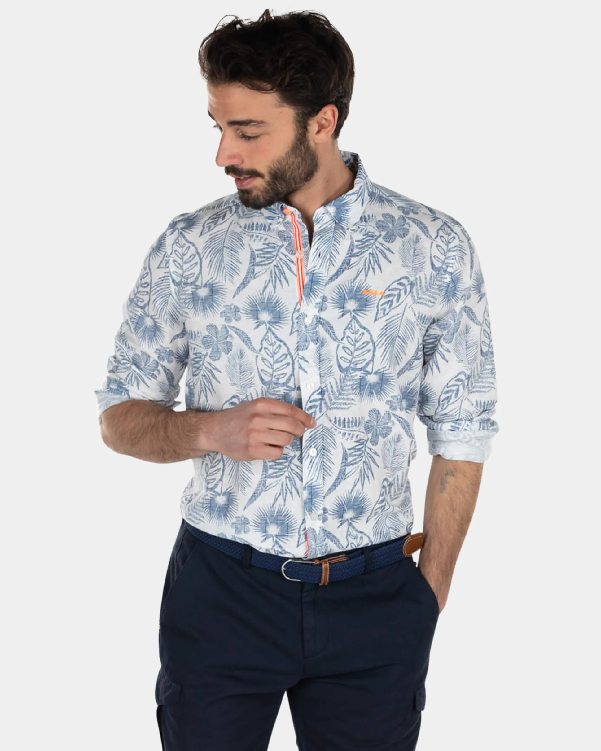 Long sleeved light blue flower printed shirt - Light Blue