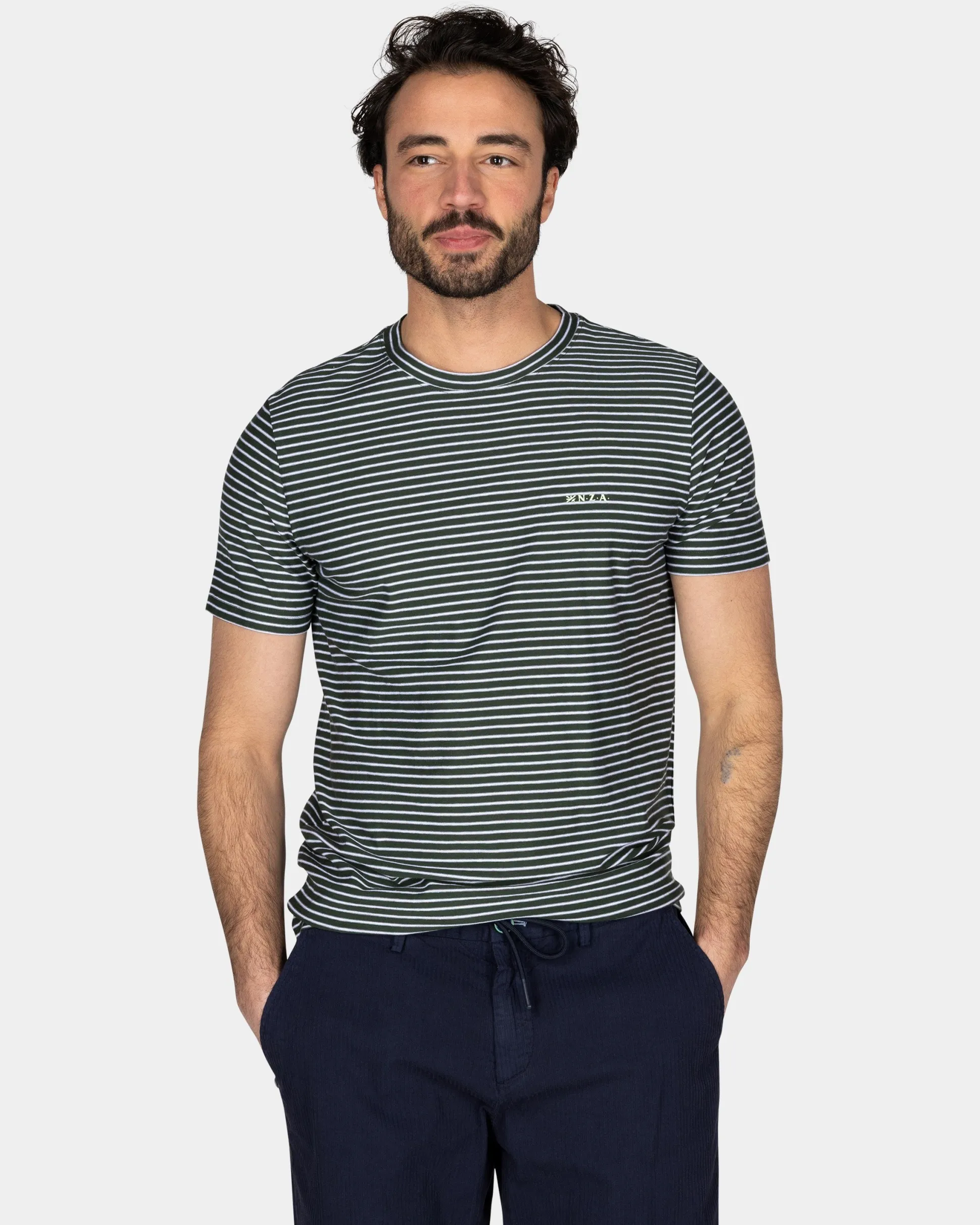 Moss Green T-Shirt with Small White Stripe