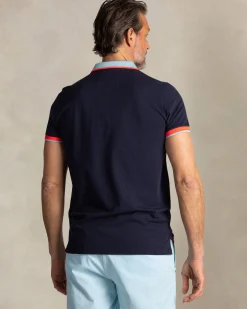 Navy cotton polo with light blue collar