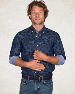 Navy cotton shirt with print - Pitch Navy
