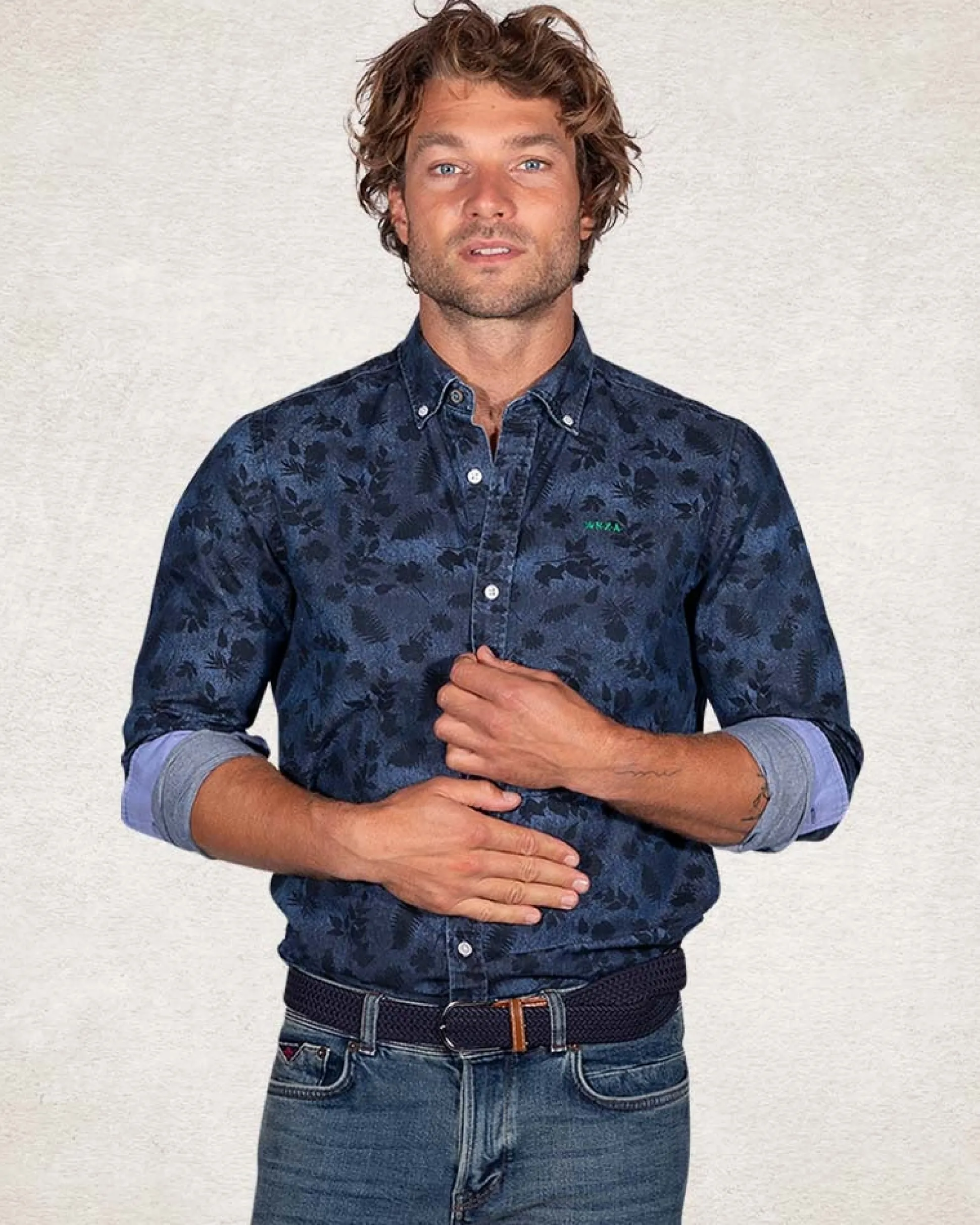 Navy cotton shirt with print - Pitch Navy