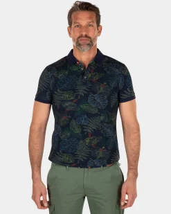 Navy leaf printed polo shirt - Key Navy