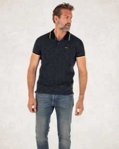 Navy polo shirt with leaf print