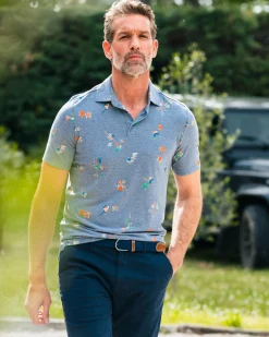 Navy polo shirt with leaf print