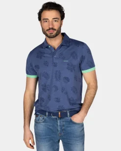 Navy polo shirt with leaf print