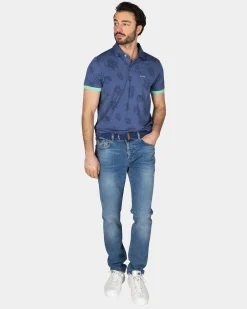 Navy polo shirt with leaf print