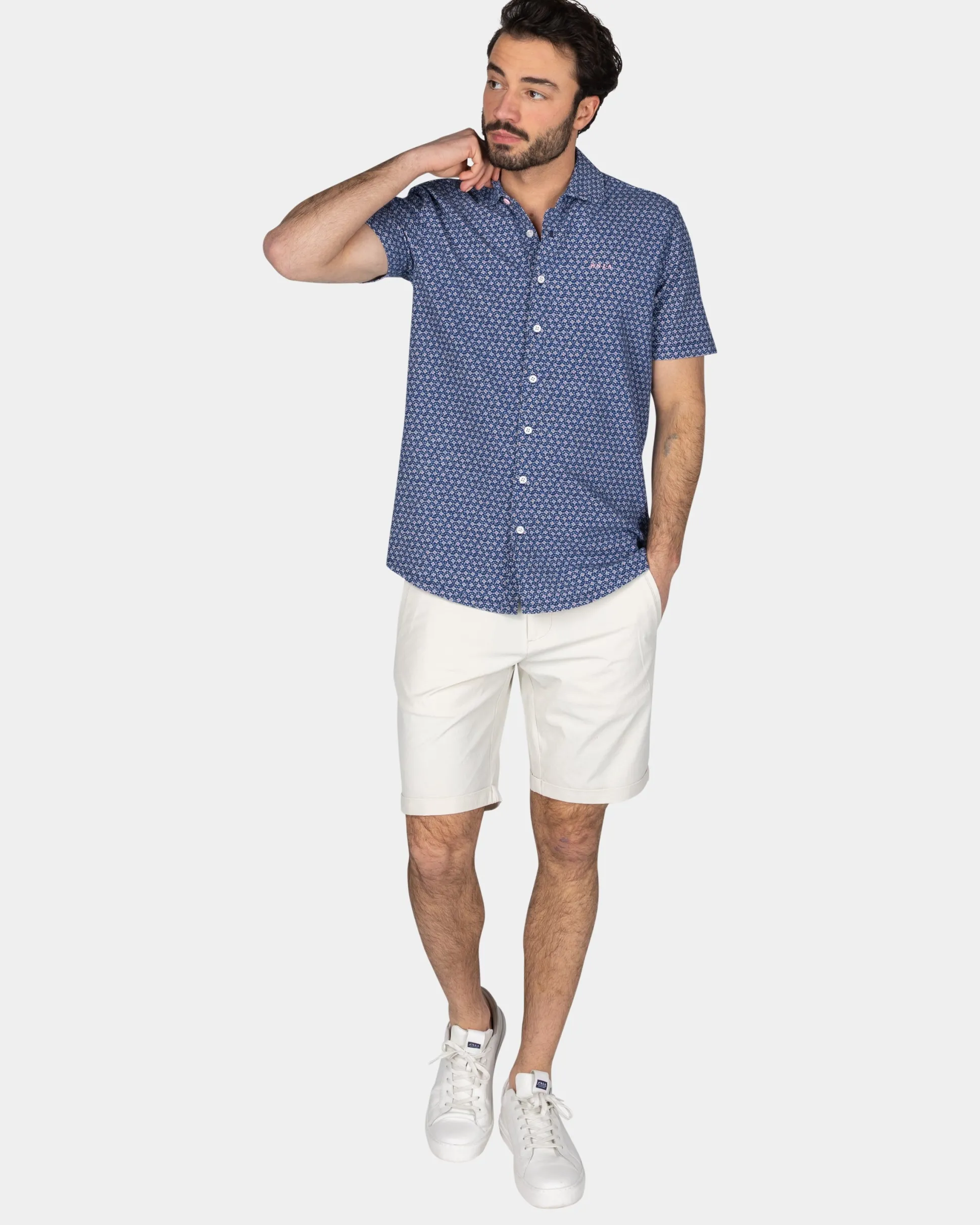 Navy Shirt with Small Pink Print