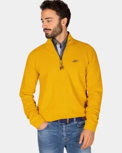 Ochre yellow cotton half-zip sweater - Warm Ocre