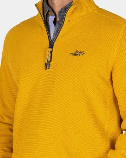 Ochre yellow cotton half-zip sweater - Warm Ocre