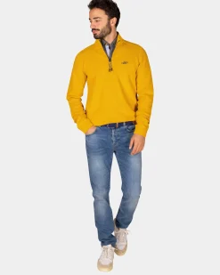 Ochre yellow cotton half-zip sweater - Warm Ocre