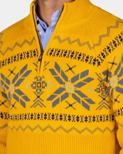 Ochre yellow half-zip pullover with colored pattern - Warm Ocre