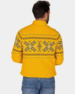 Ochre yellow half-zip pullover with colored pattern - Warm Ocre