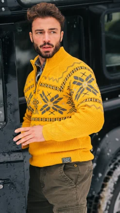 Ochre yellow half-zip pullover with colored pattern - Warm Ocre