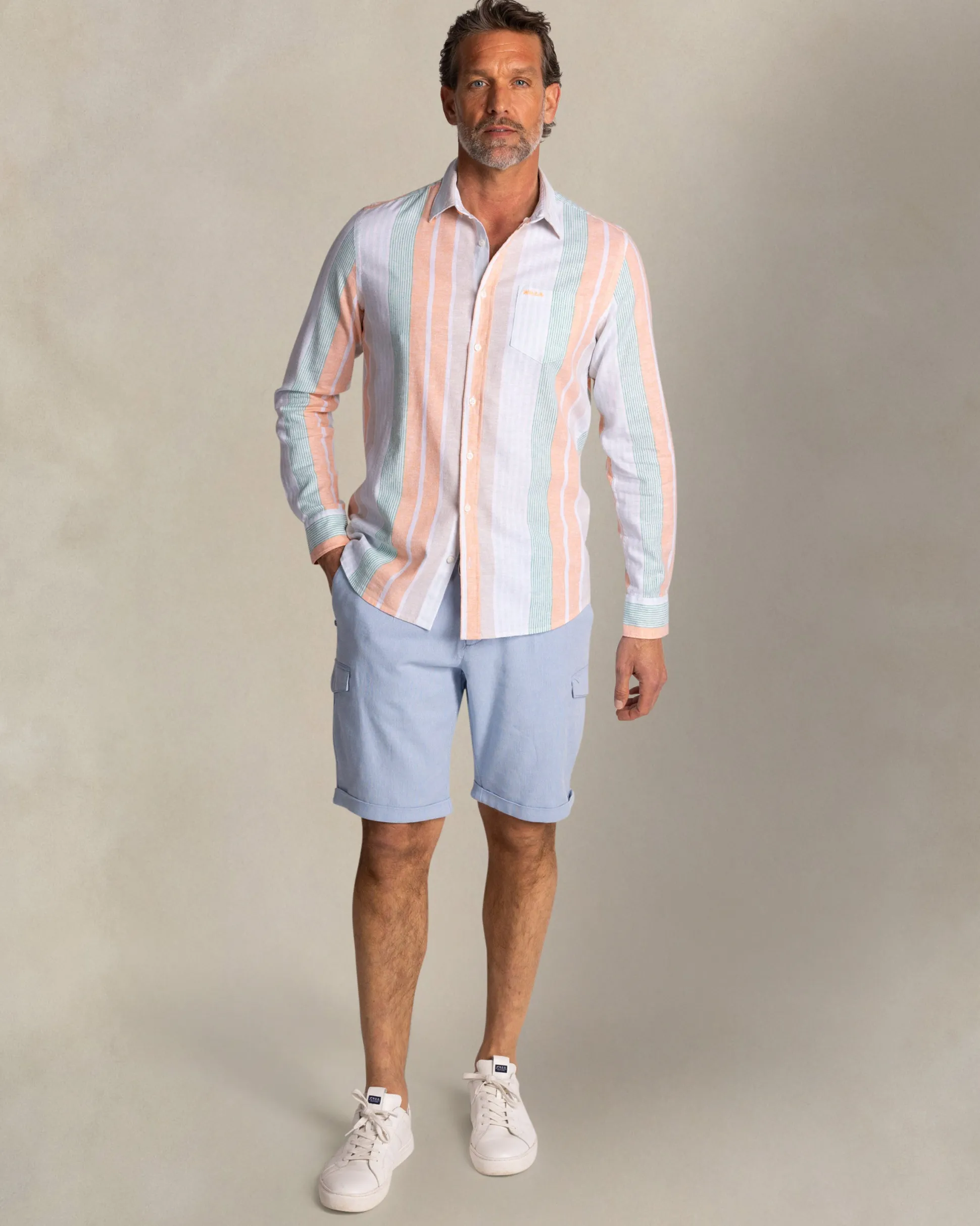 Orange and green striped linen shirt