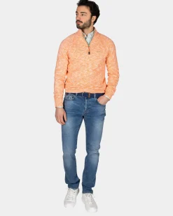 Orange cotton sweater with half zipper