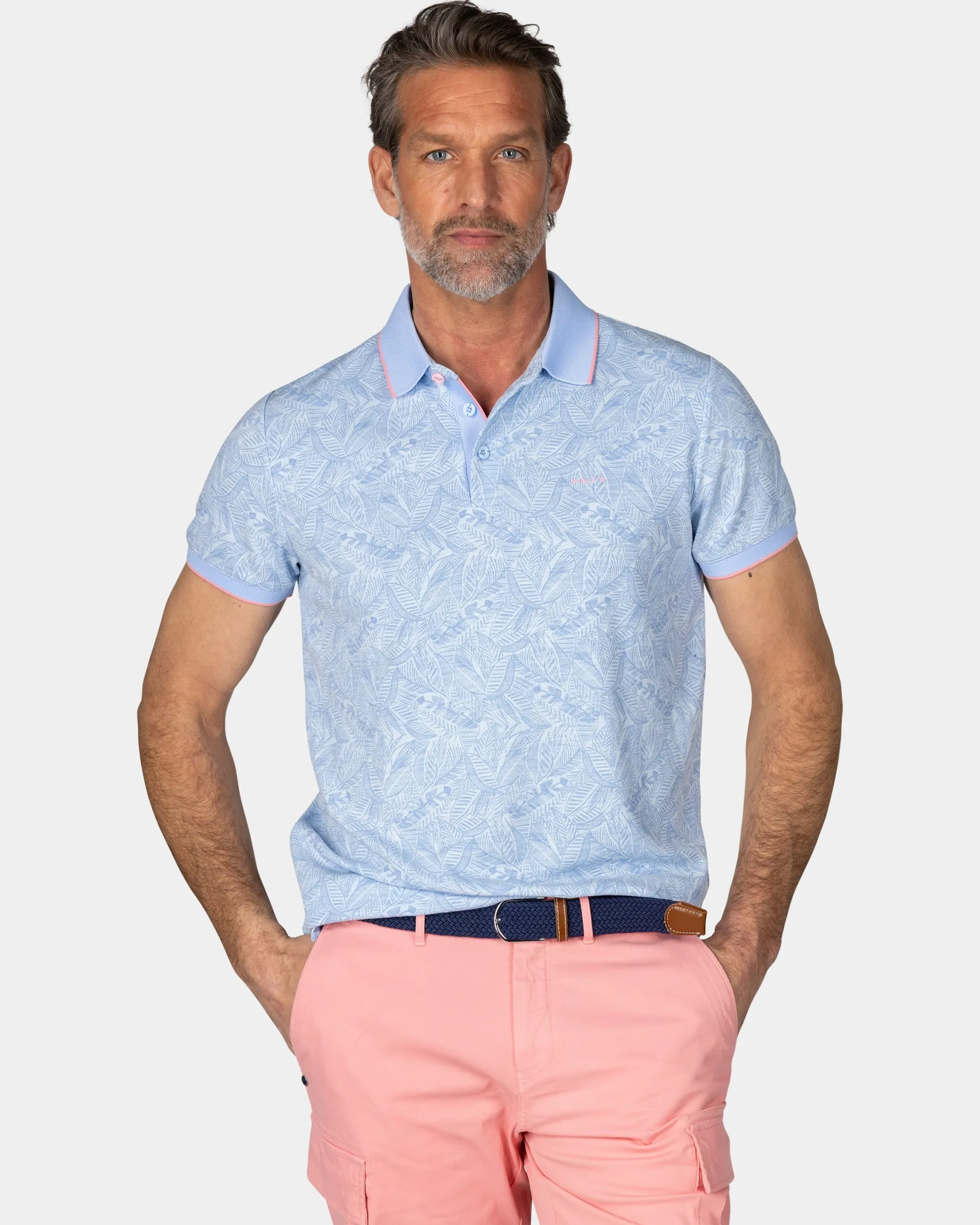 Pastel Blue Polo with Leaf Print
