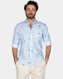 Pastel Blue Shirt with Colored Flowers