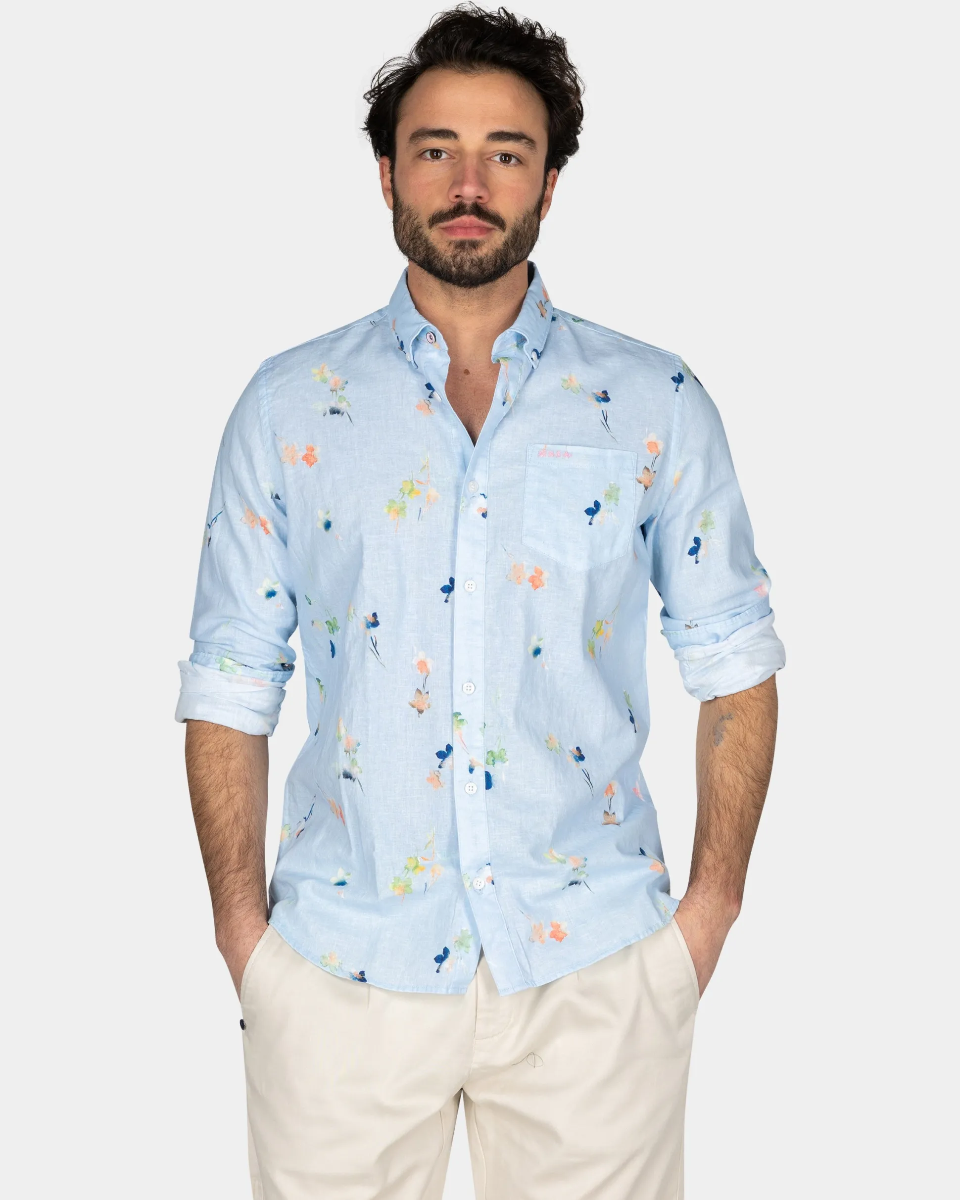 Pastel Blue Shirt with Colored Flowers