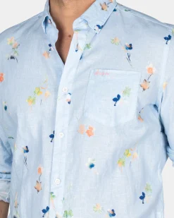 Pastel Blue Shirt with Colored Flowers