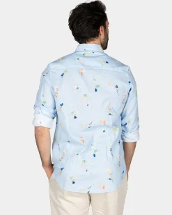Pastel Blue Shirt with Colored Flowers