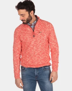 Plain sweater with half zip - Orange Red