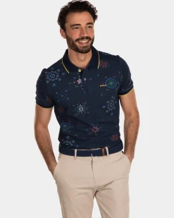 Printed Cotton Polo Shirt - Key Navy