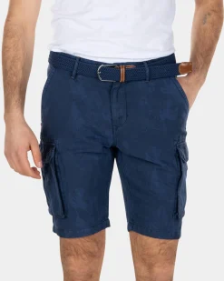 Printed linen cotton cargo shorts - Key Navy
