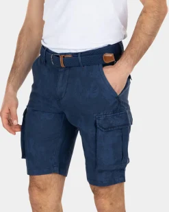 Printed linen cotton cargo shorts - Key Navy