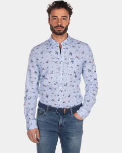 Printed linen cotton shirt light blue - Light Blue