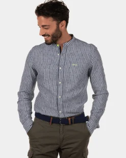 Rotonuiaha striped linen shirt without collar - Lead Green