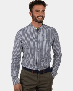 Rotonuiaha striped linen shirt without collar - Lead Green