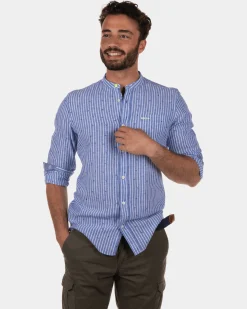 Rotonuiaha striped linen shirt without collar - Chinese Blue