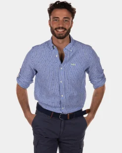 Rotonuiaha Striped Linen Shirt - Chinese Blue