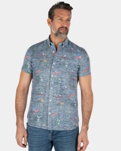 Short sleeved linen cotton shirt with flower print - Key Navy