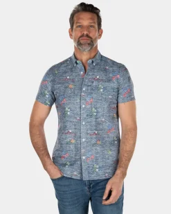 Short sleeved linen cotton shirt with flower print - Key Navy