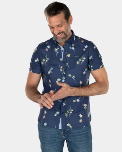 Short sleeved linen cotton shirt with flower print - Key Navy