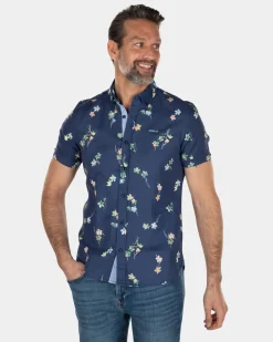 Short sleeved linen cotton shirt with flower print - Key Navy