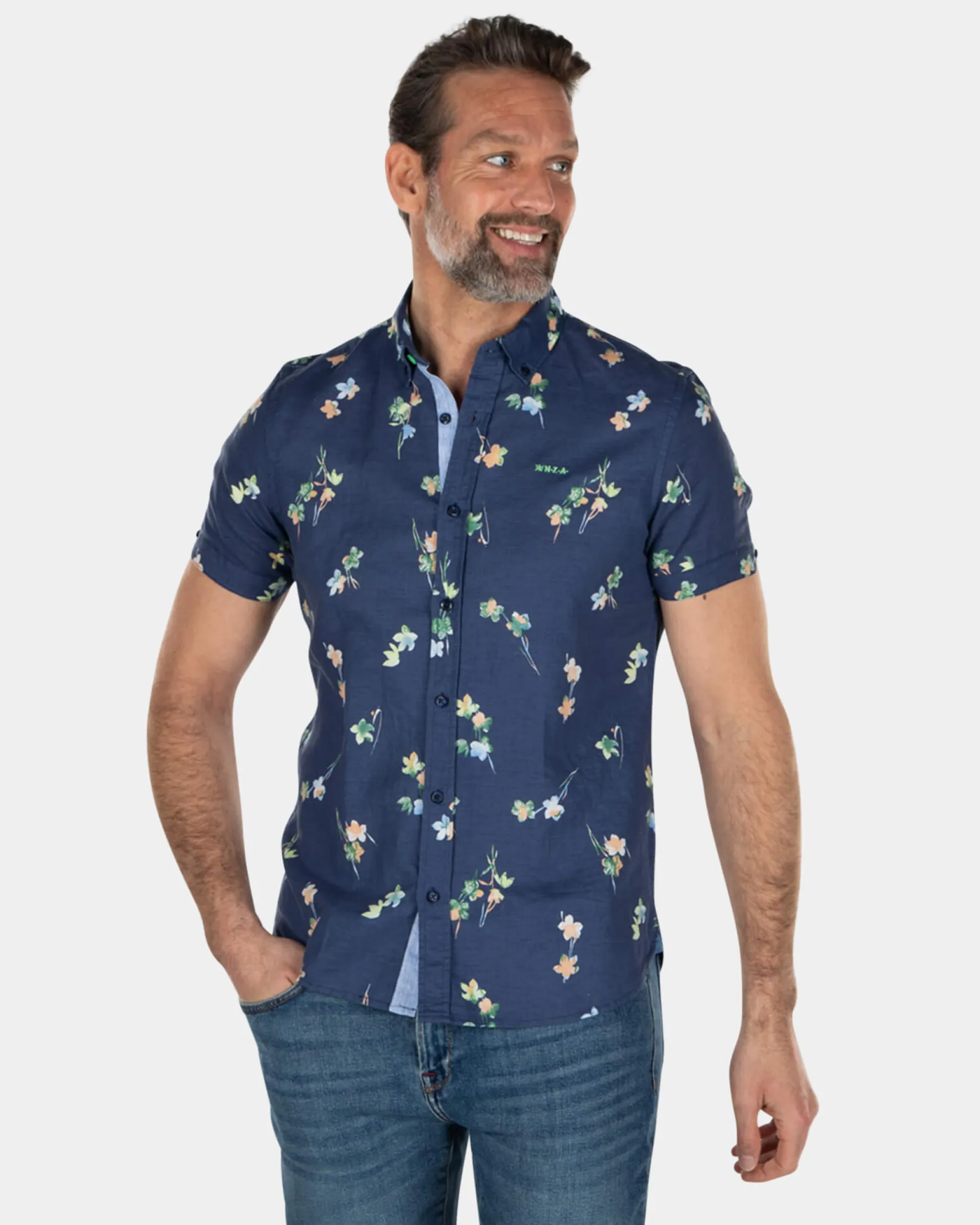 Short sleeved linen cotton shirt with flower print - Key Navy