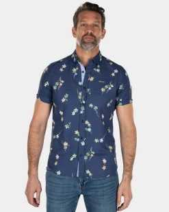 Short sleeved linen cotton shirt with flower print - Key Navy
