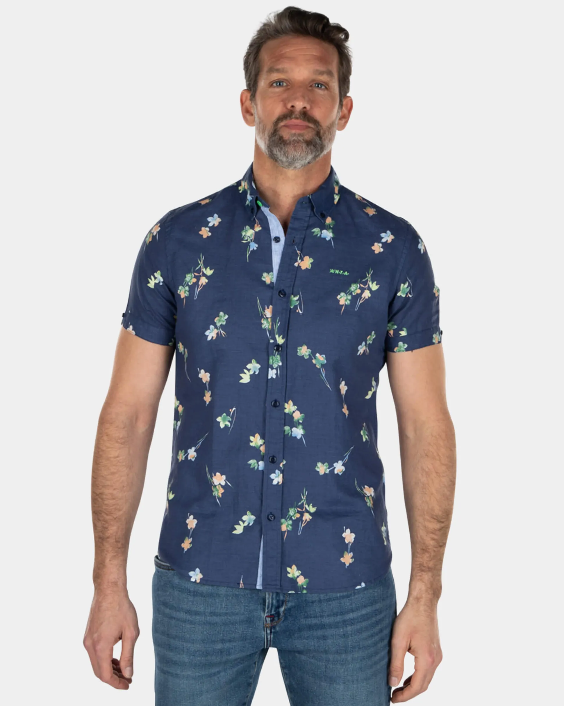 Short sleeved linen cotton shirt with flower print - Key Navy