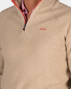 Solid beige cotton pullover with half zip