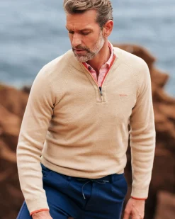 Solid beige cotton pullover with half zip