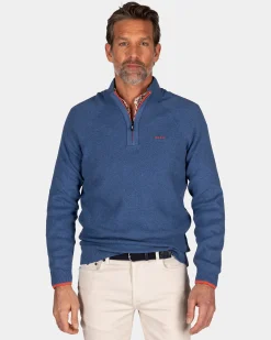 Solid blue cotton pullover with half zip